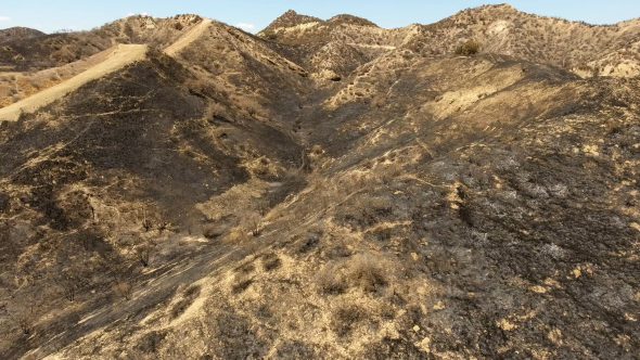 Aerial Drone Shot of Santa Clarita Burned Hills Left Pan Royalty Free Stock Drone Video Footage