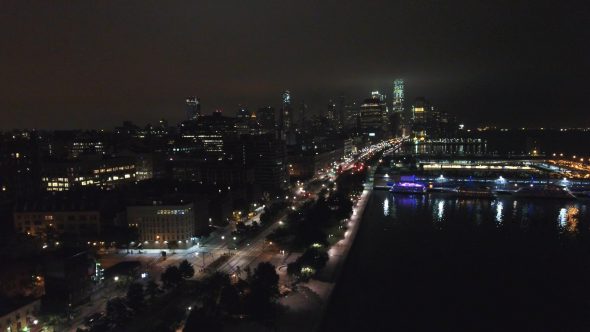 Aerial Drone Shot Right Pan Over West Side Highway at Night Royalty Free Stock Drone Video Footage
