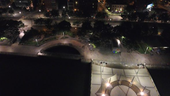 Aerial Drone Video of Park on Hudson West Village at Night Royalty Free Stock Drone Video Footage
