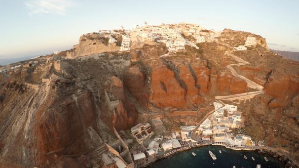 Santorini Island Zoom Out Ships Below Royalty Free Stock Drone Video Footage