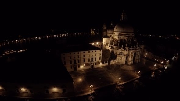 Venice Church Canal Night Royalty Free Stock Drone Video Footage