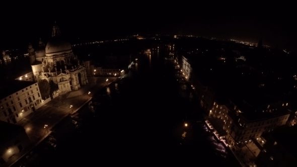 Venice Church Canal Night 2 Royalty Free Stock Drone Video Footage