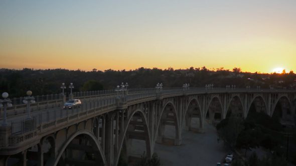 Arched Bridge Sunset Royalty Free Stock Drone Video Footage