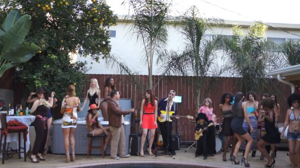 Poolside Band and Models Party 5 Royalty Free Stock Drone Video Footage