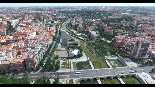 Rio de Menzanares in Madrid Spain Royalty Free Stock Drone Video Footage
