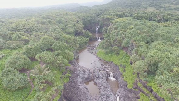 Maui Rocky Forest River Falls Descent Royalty Free Stock Drone Video Footage