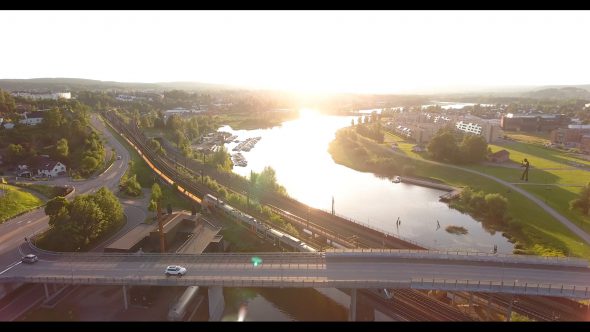 Setting Sun View of a River in Oslo Norway Royalty Free Stock Drone Video Footage