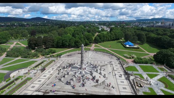 Revolving around the Monolith of Frogparken Royalty Free Stock Drone Video Footage