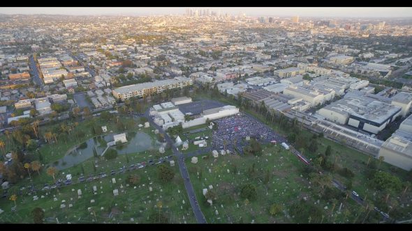 Cinespia film festival in Hollywood, wide aerial Royalty Free Stock Drone Video Footage