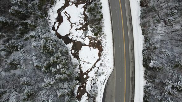 Winter Aerial Road Royalty Free Stock Drone Video Footage